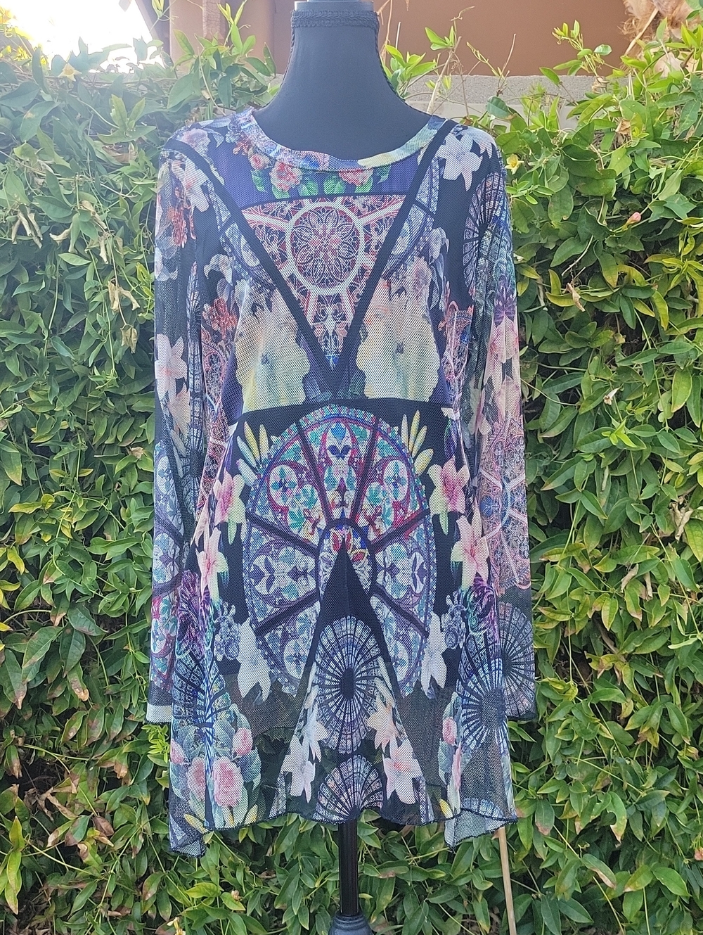 Black Floral Mosaic Boho Whimsigoth Long-Sleeve Mesh Tunic L